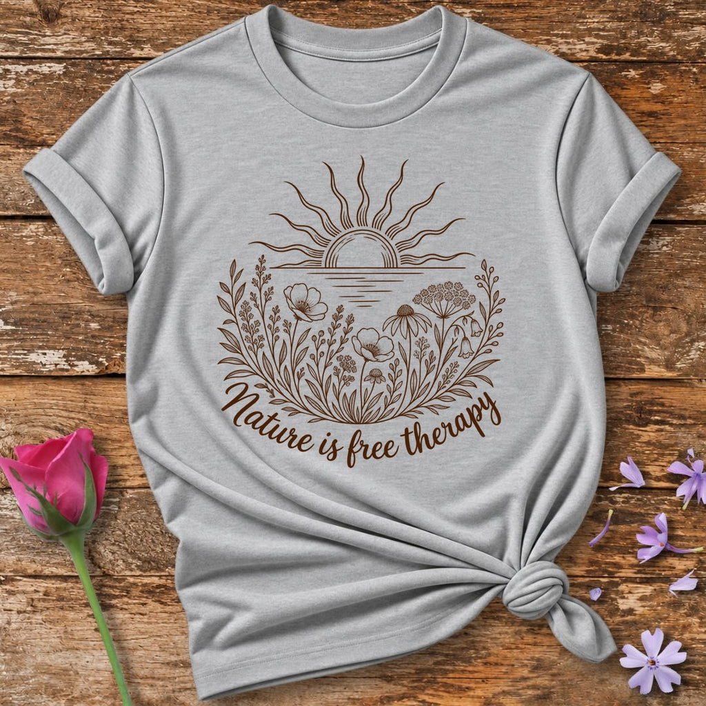 Nature Is Free Therapy — Rust Line Art Botanical T-Shirt for Women in Sport Grey
