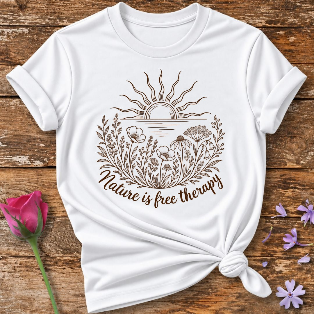 Nature Is Free Therapy — Rust Line Art Botanical T-Shirt for Women in White