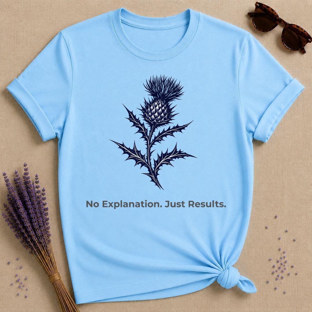 No Explanation. Just Results. — Thistle Botanical T-Shirt for Women in Sky