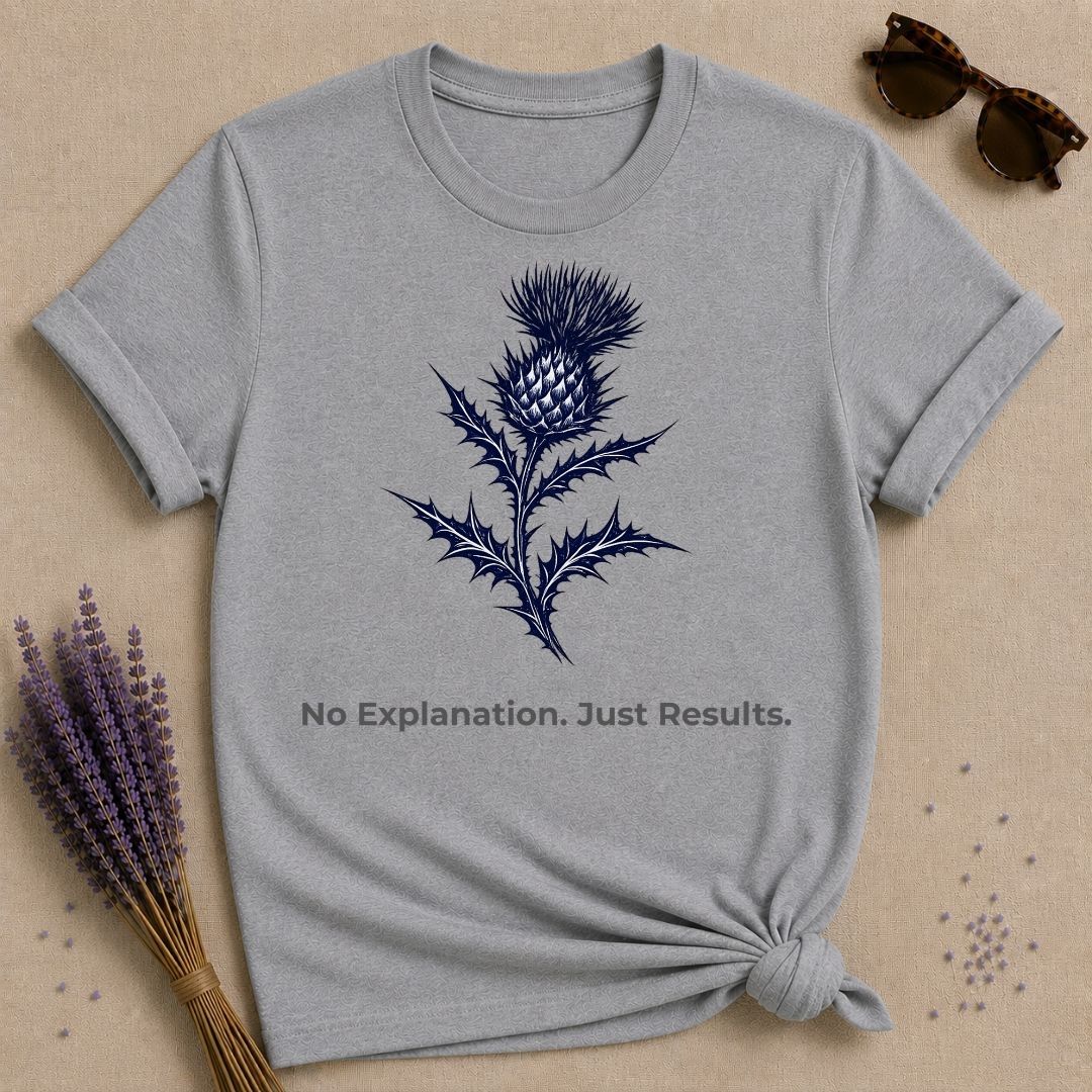 No Explanation. Just Results. — Thistle Botanical T-Shirt for Women in Sport Grey