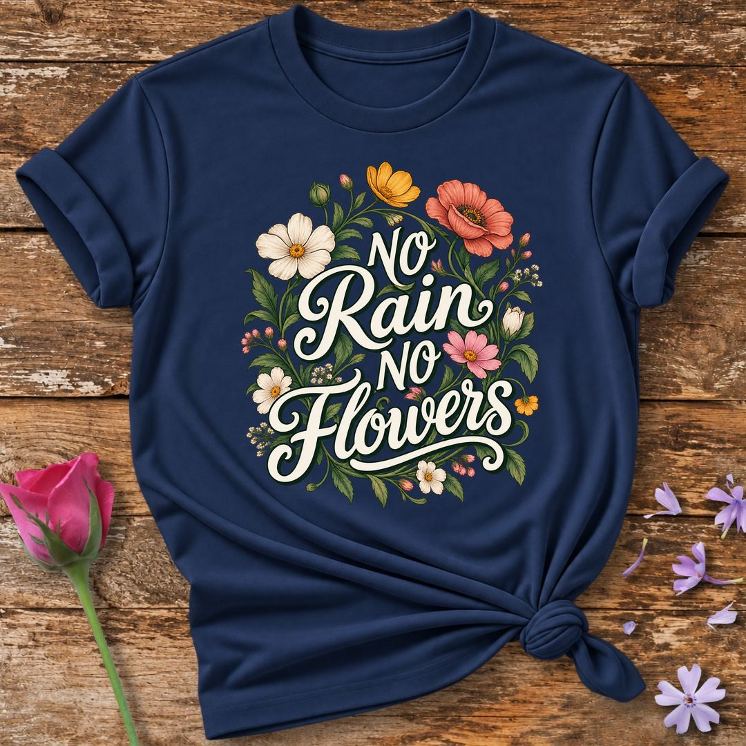 No Rain No Flowers — Cursive Wildflower T-Shirt for Women in Navy