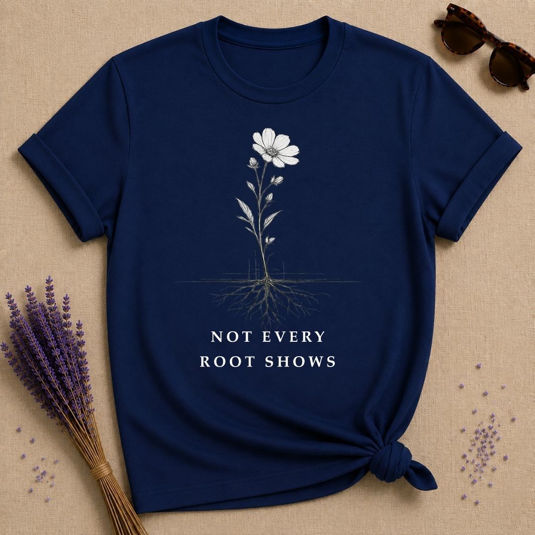 Not Every Root Shows — Vintage Botanical Wildflower T-Shirt for Women — Navy