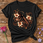 Octopus in Hibiscus Bloom — Dark Botanical Graphic T-Shirt for Women in Black