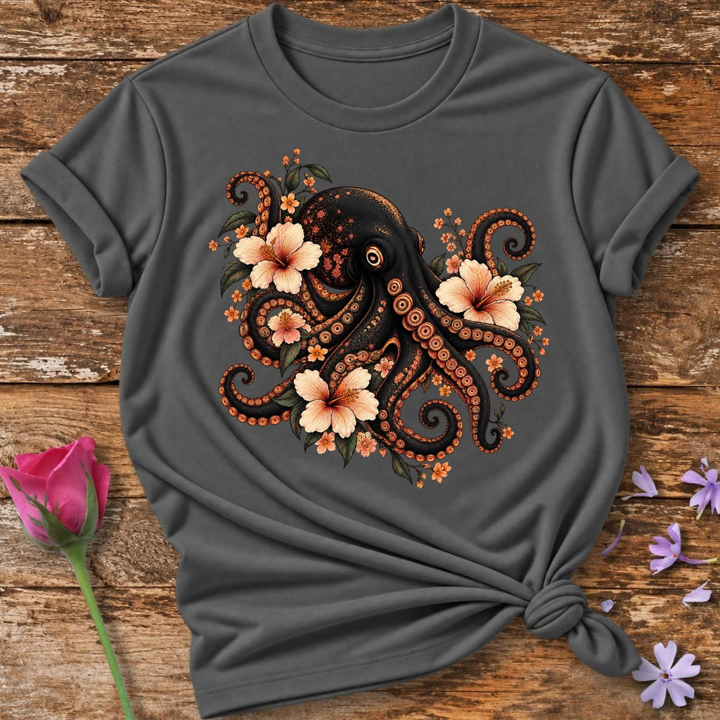 Octopus in Hibiscus Bloom — Dark Botanical Graphic T-Shirt for Women in Charcoal