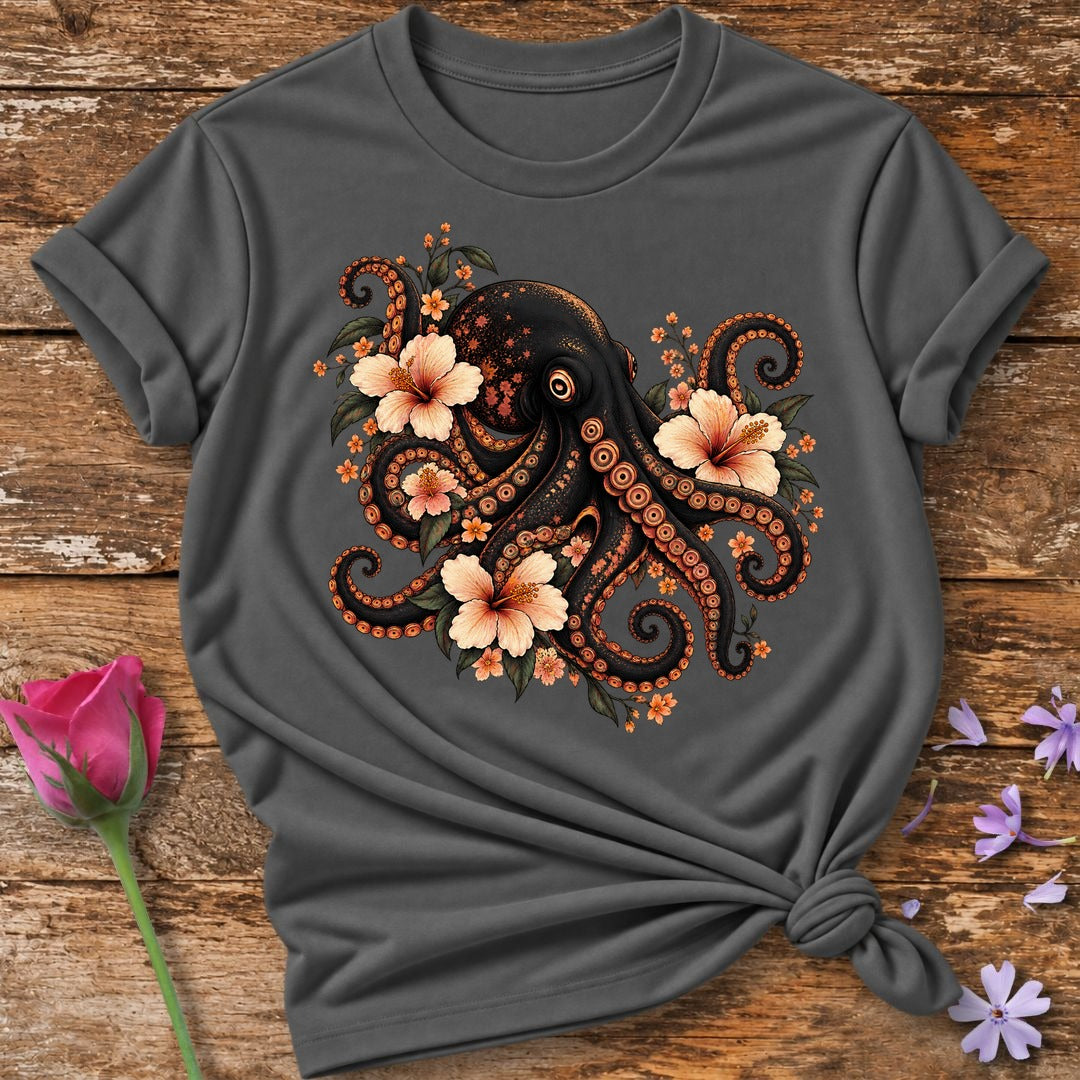 Octopus in Hibiscus Bloom — Dark Botanical Graphic T-Shirt for Women in Charcoal