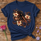 Octopus in Hibiscus Bloom — Dark Botanical Graphic T-Shirt for Women in Navy