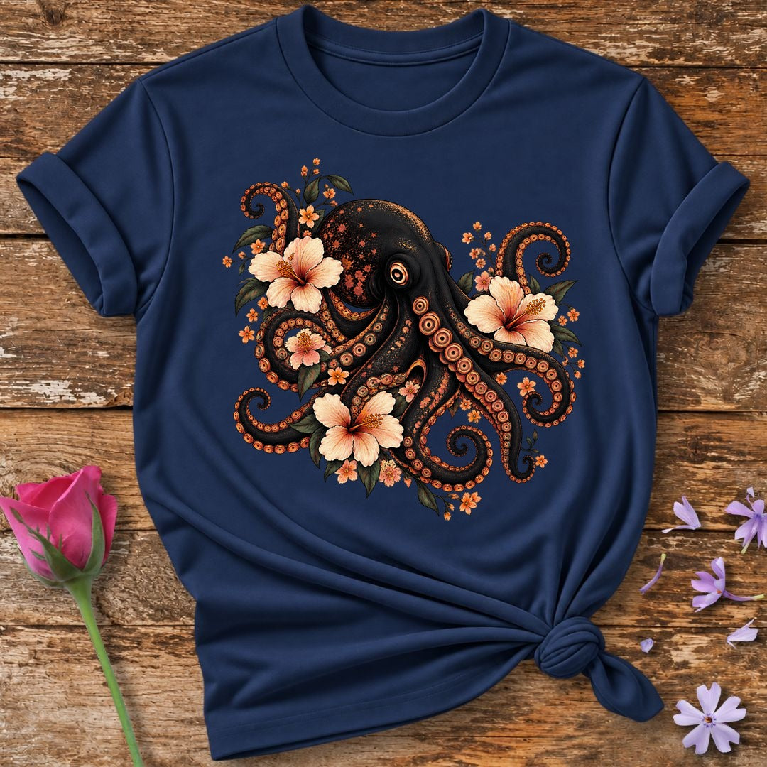 Octopus in Hibiscus Bloom — Dark Botanical Graphic T-Shirt for Women in Navy