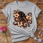 Octopus in Hibiscus Bloom — Dark Botanical Graphic T-Shirt for Women in Sport Grey