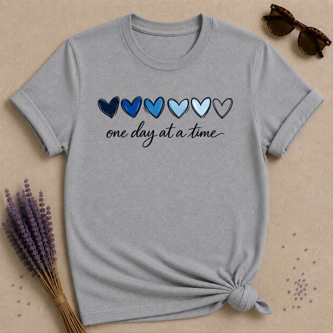 One Day at a Time — Watercolor Heart Gradient T-Shirt for Women in Sport Grey