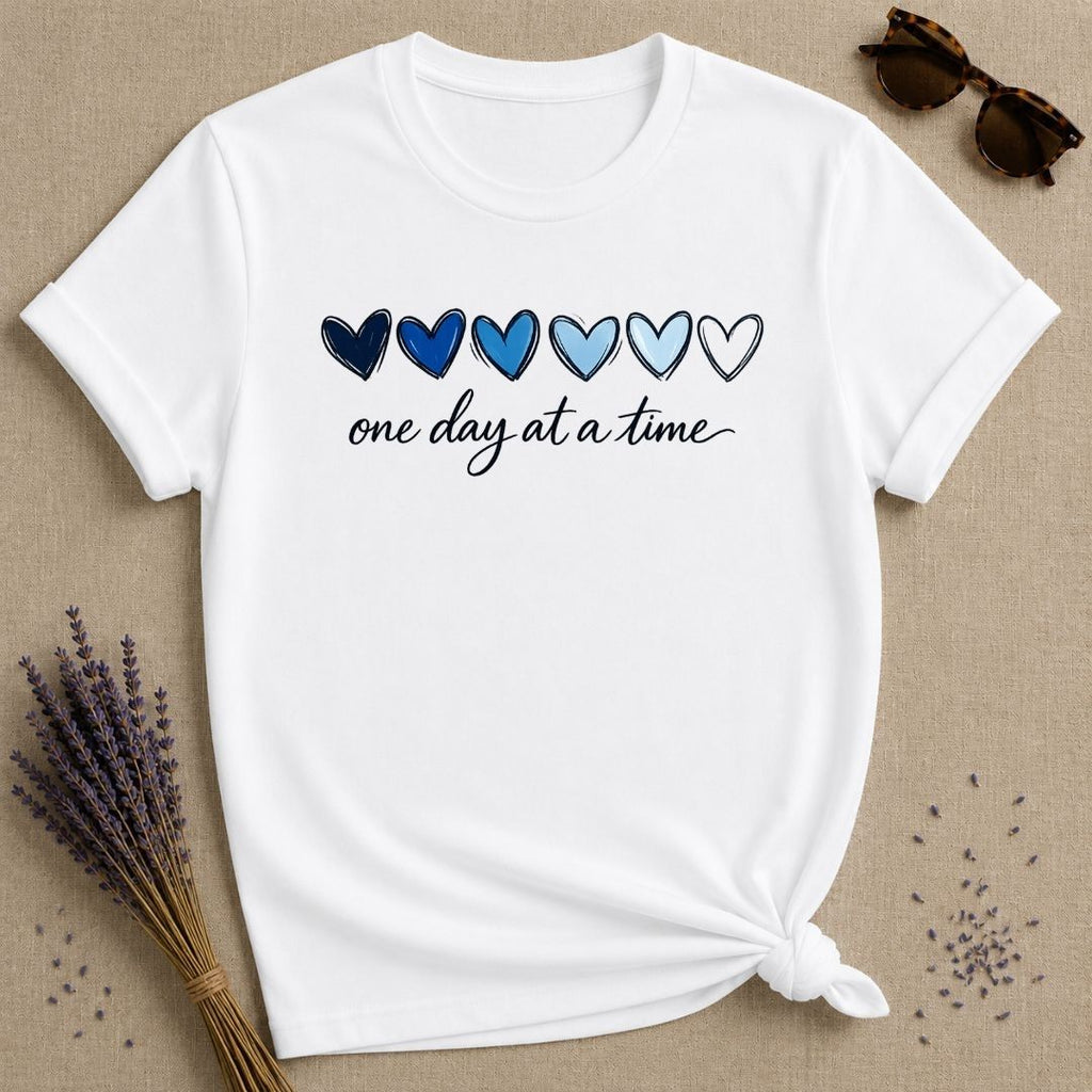 One Day at a Time — Watercolor Heart Gradient T-Shirt for Women in White
