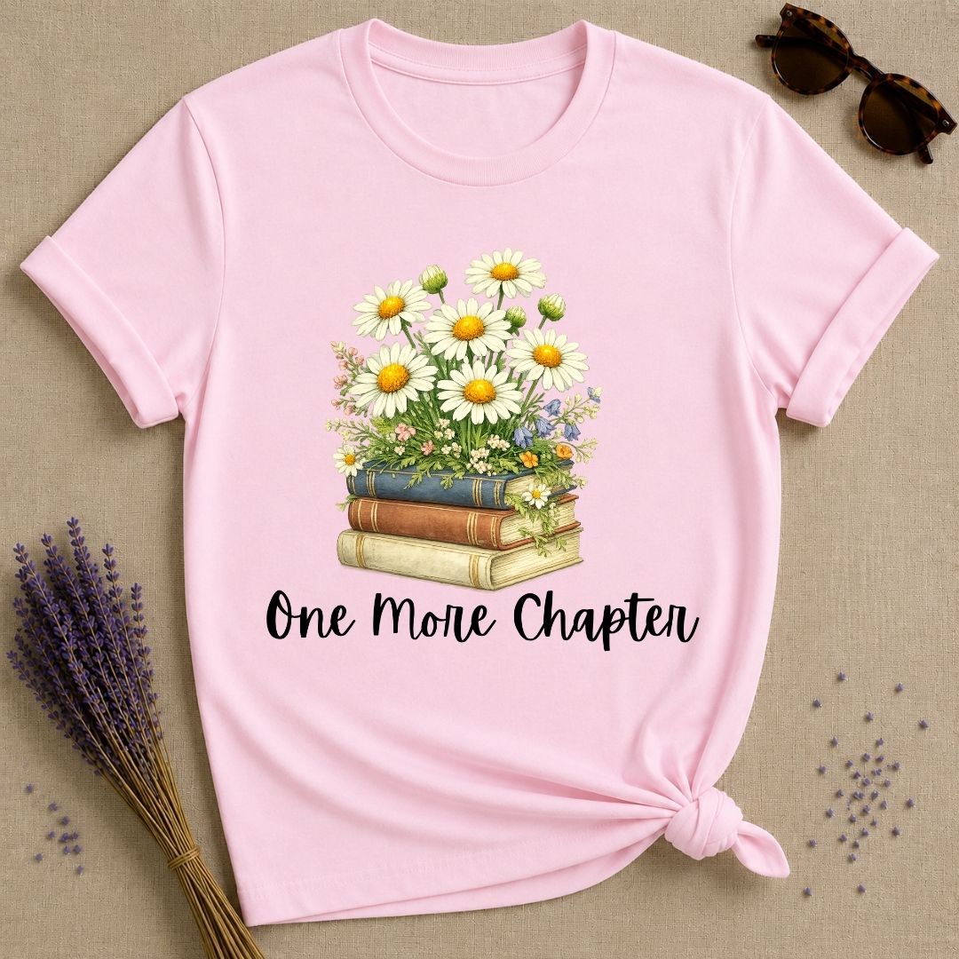 One More Chapter — Books and Wildflowers Botanical T-Shirt for Women in Light Pink