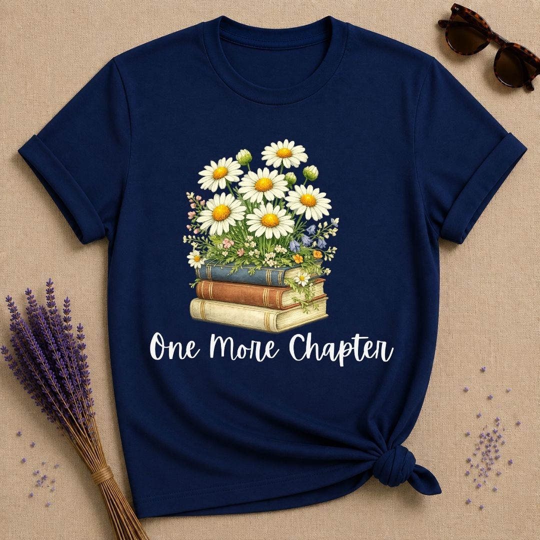 One More Chapter — Books and Wildflowers Botanical T-Shirt for Women in Navy