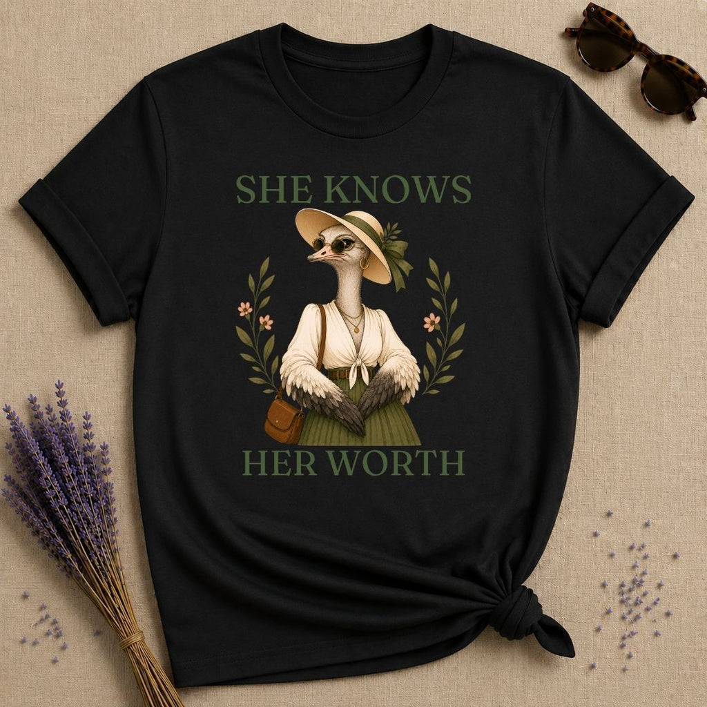 Ostrich She Knows Her Worth T-Shirt - Black