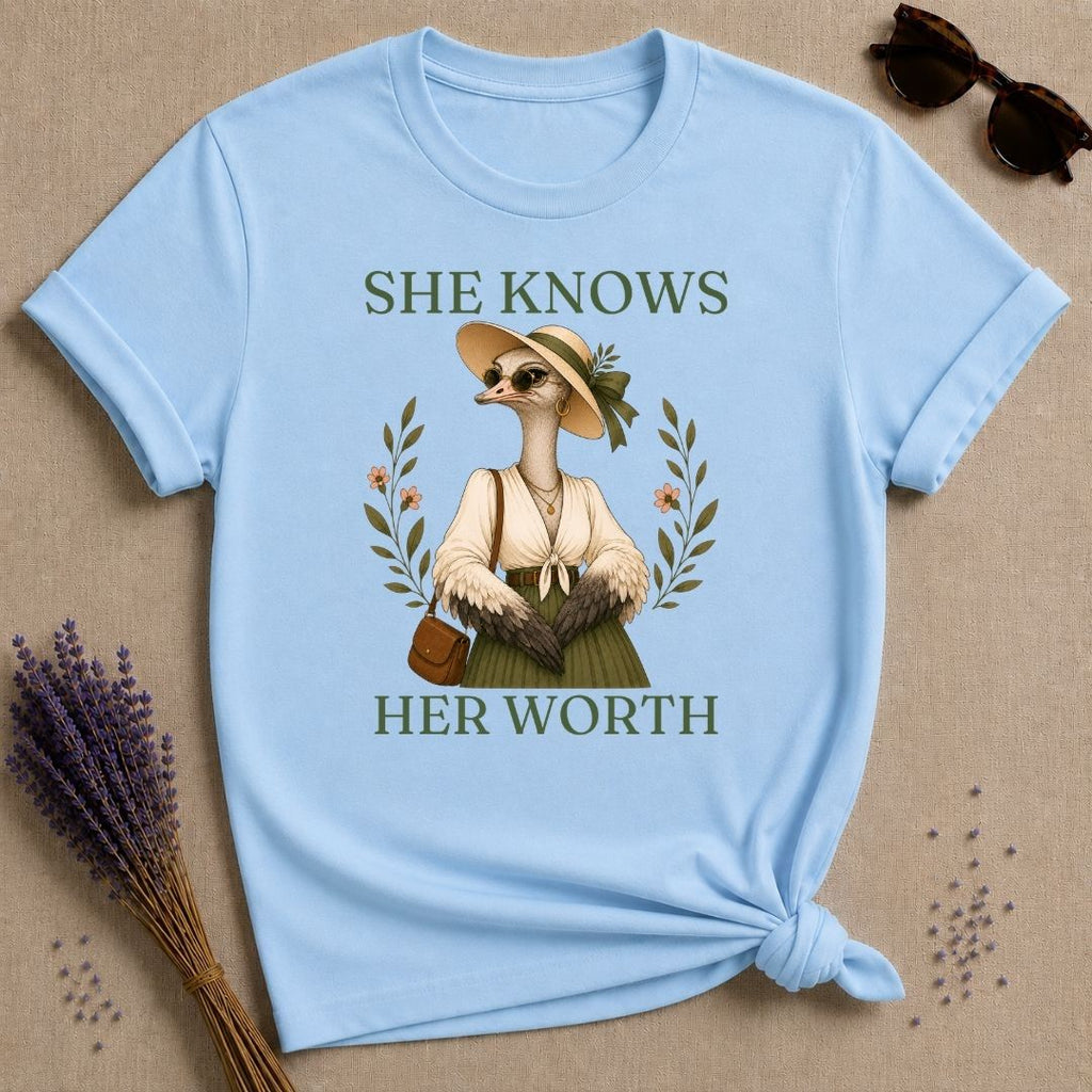 Ostrich She Knows Her Worth T-Shirt - Light Blue