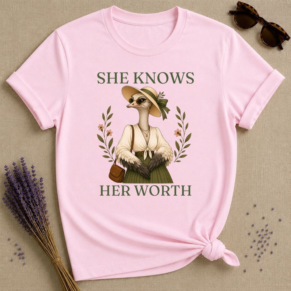 Ostrich She Knows Her Worth T-Shirt - Light Pink
