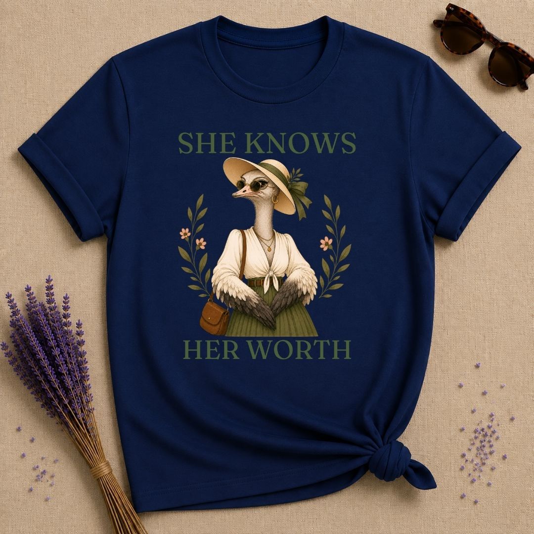 Ostrich She Knows Her Worth T-Shirt - Navy