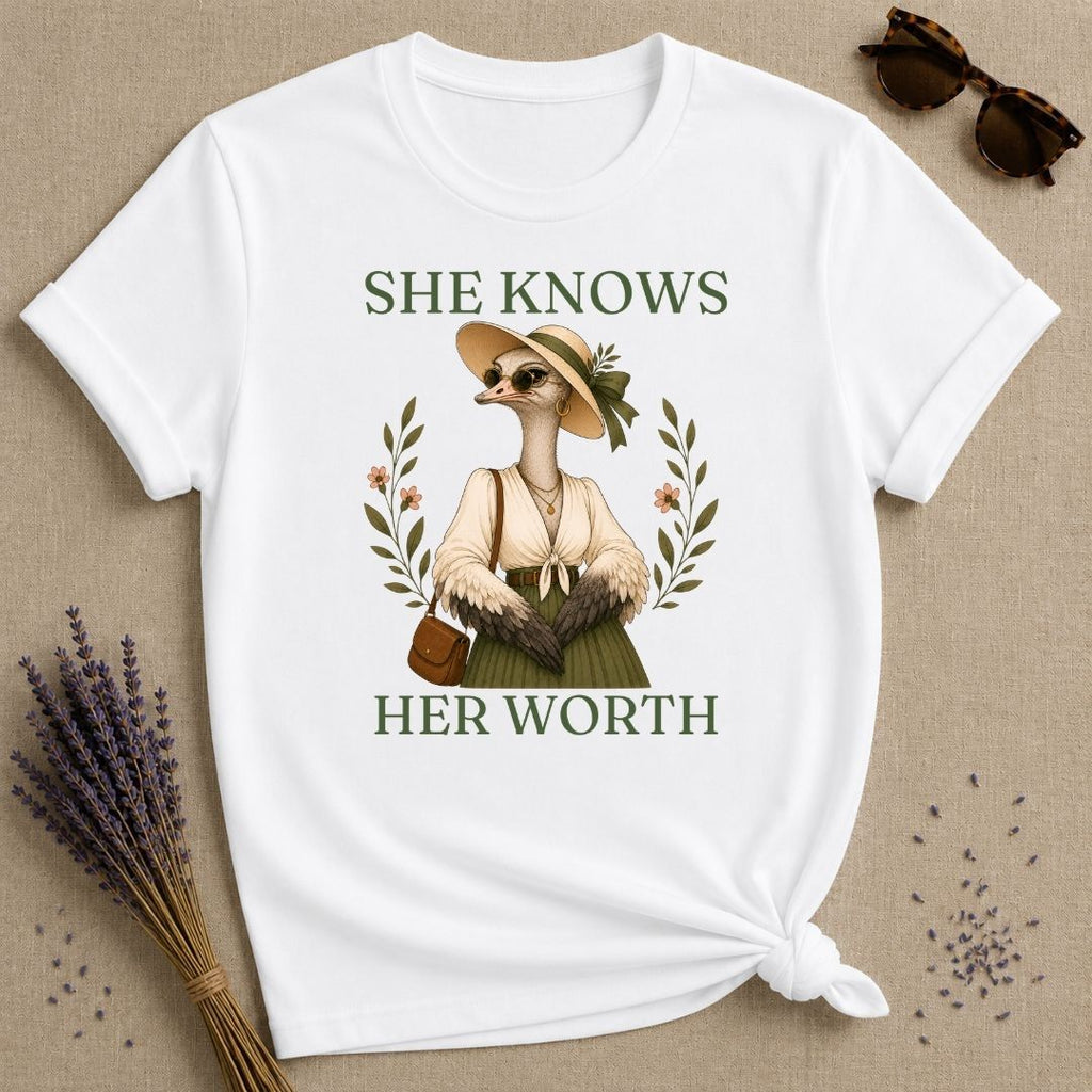 Ostrich She Knows Her Worth T-Shirt - White