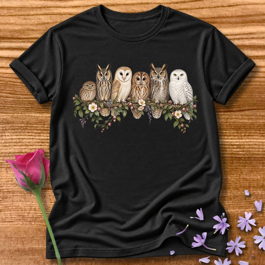Owl Family — Watercolor Field Guide T-Shirt for Women in Black