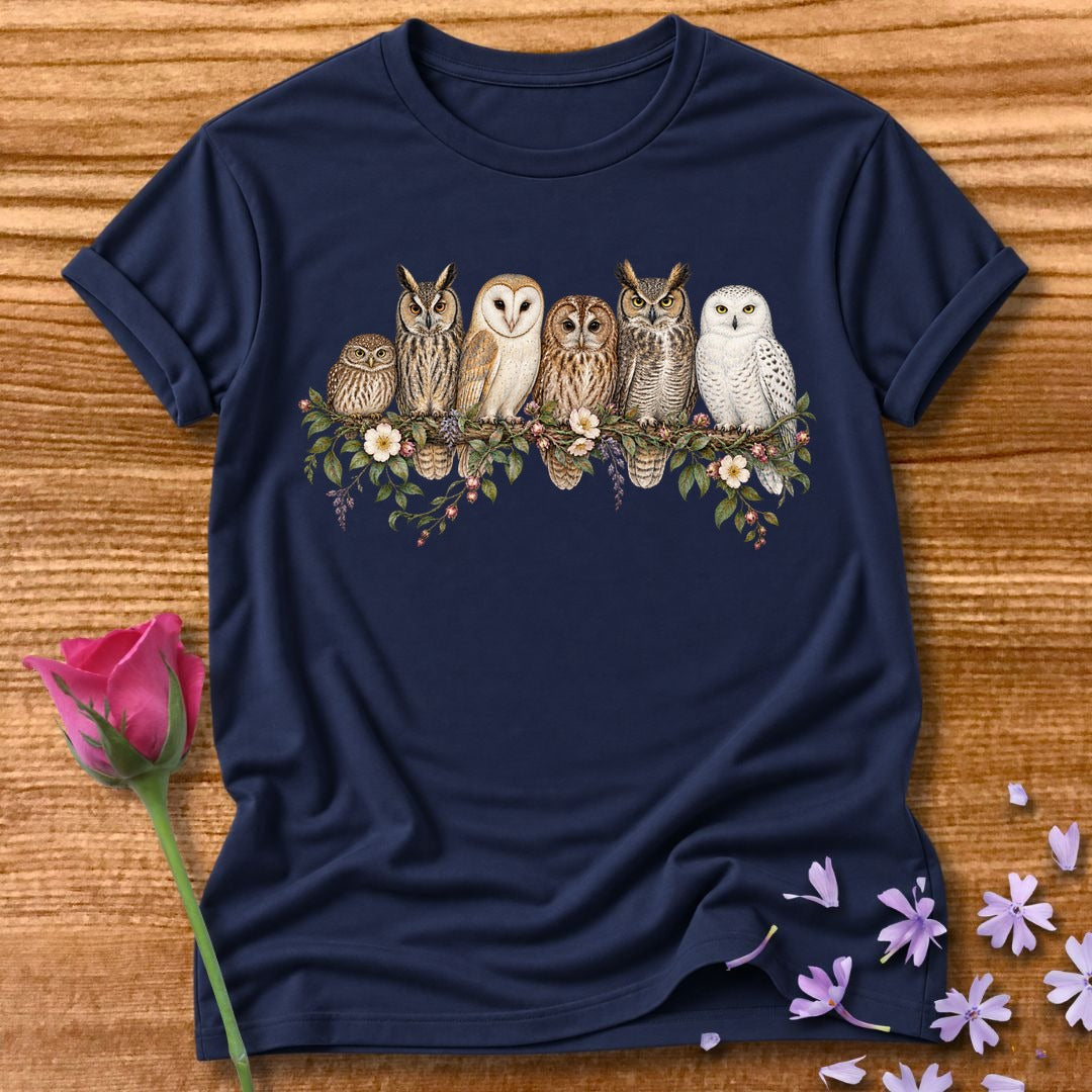 Owl Family — Watercolor Field Guide T-Shirt for Women in Navy