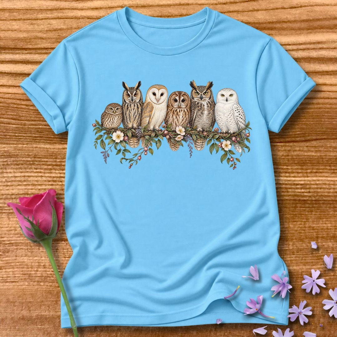 Owl Family — Watercolor Field Guide T-Shirt for Women in Sky