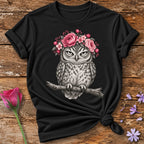 Owl in Floral Crown — Monochrome Botanical T-Shirt for Women in Black