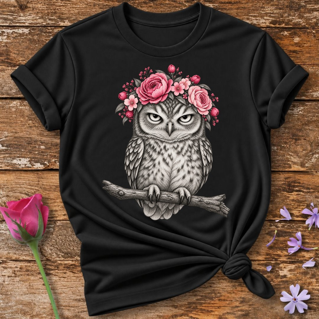Owl in Floral Crown — Monochrome Botanical T-Shirt for Women in Black