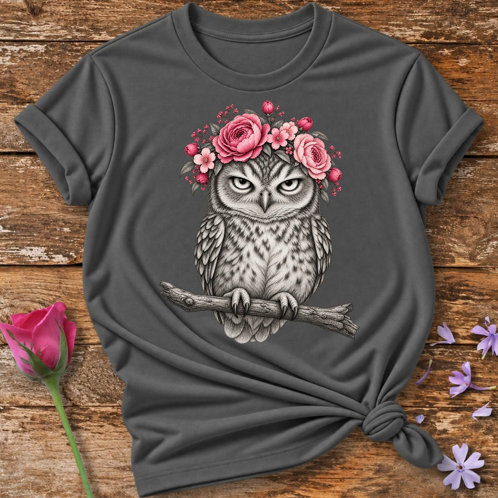 Owl in Floral Crown — Monochrome Botanical T-Shirt for Women in Charcoal