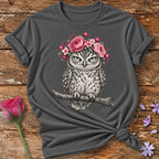 Owl in Floral Crown — Monochrome Botanical T-Shirt for Women in Charcoal