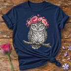 Owl in Floral Crown — Monochrome Botanical T-Shirt for Women in Navy