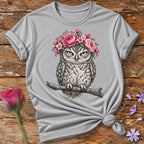 Owl in Floral Crown — Monochrome Botanical T-Shirt for Women in Sport Grey