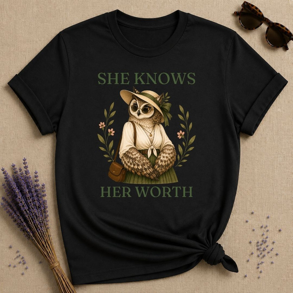 Owl She Knows Her Worth T-Shirt - Black
