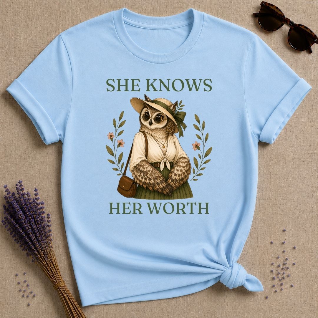Owl She Knows Her Worth T-Shirt - Light Blue