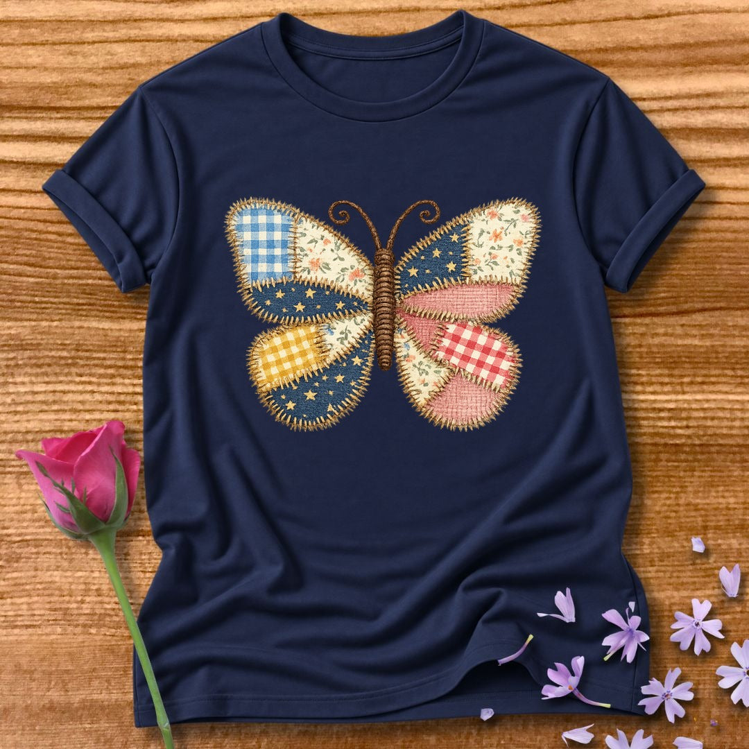 Patchwork Butterfly — Quilted Fabric Botanical Graphic in Navy