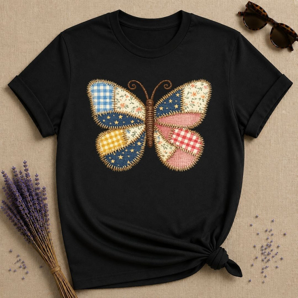 Patchwork Butterfly — Quilted Fabric Botanical Graphic T-Shirt for Women in Black