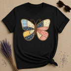 Patchwork Butterfly — Quilted Fabric Botanical Graphic T-Shirt for Women in Black
