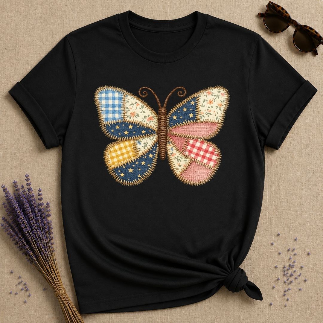Patchwork Butterfly — Quilted Fabric Botanical Graphic T-Shirt for Women in Black
