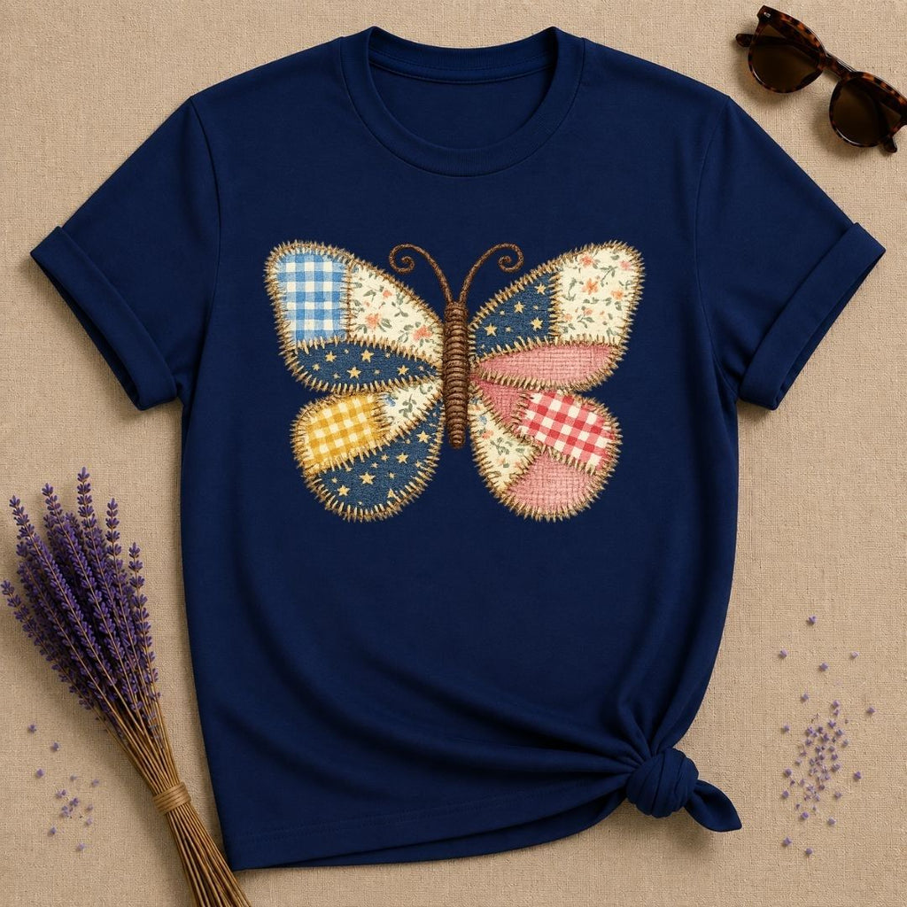 Patchwork Butterfly — Quilted Fabric Botanical Graphic T-Shirt for Women in Navy