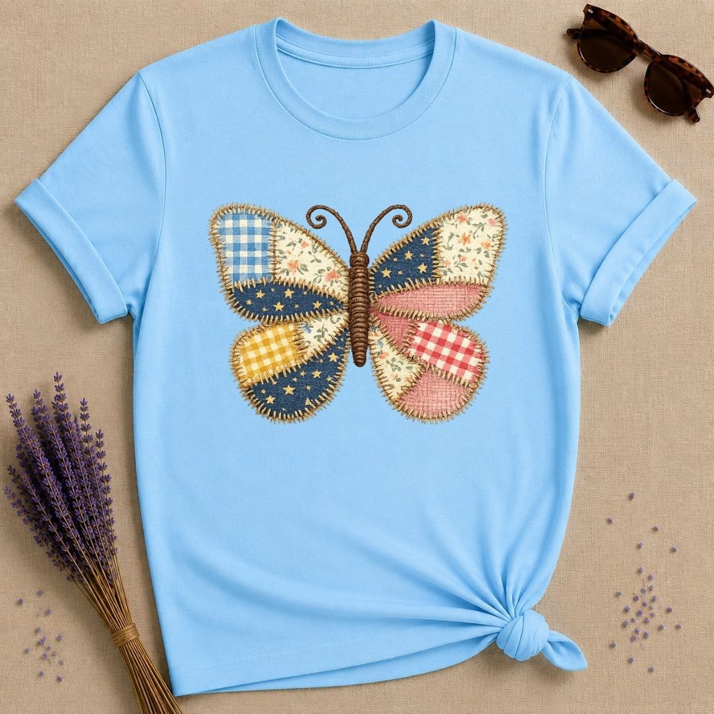 Patchwork Butterfly — Quilted Fabric Botanical Graphic T-Shirt for Women in Sky