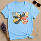 Patchwork Butterfly — Quilted Fabric Botanical Graphic T-Shirt for Women in Sky