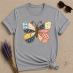 Patchwork Butterfly — Quilted Fabric Botanical Graphic T-Shirt for Women in Sport Grey