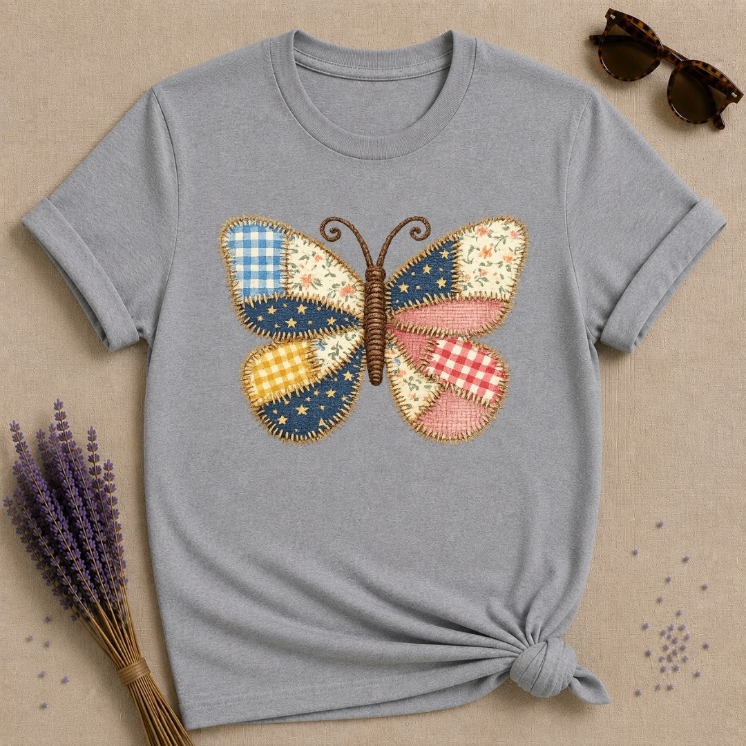 Patchwork Butterfly — Quilted Fabric Botanical Graphic T-Shirt for Women in Sport Grey