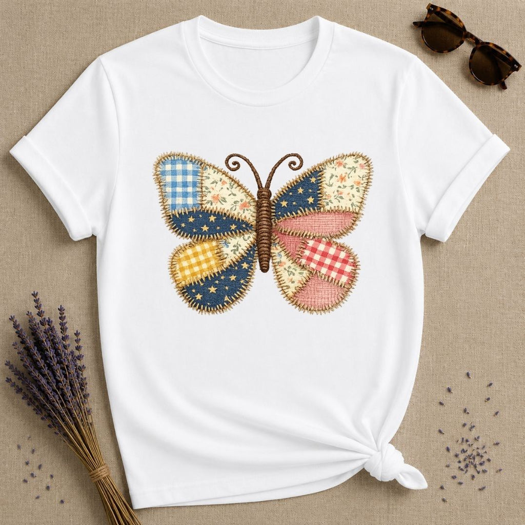 Patchwork Butterfly — Quilted Fabric Botanical Graphic T-Shirt for Women in White