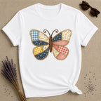 Patchwork Butterfly — Quilted Fabric Botanical Graphic T-Shirt for Women in White