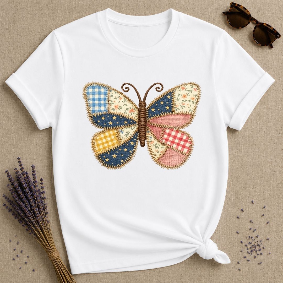 Patchwork Butterfly — Quilted Fabric Botanical Graphic T-Shirt for Women in White