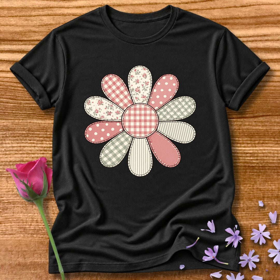 Patchwork Daisy Quilt — Cottagecore Floral Graphic in Black