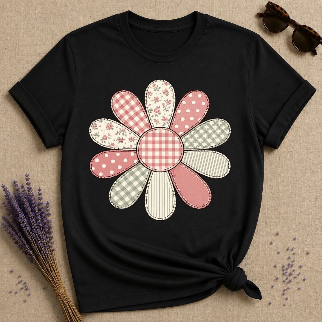 Patchwork Daisy Quilt — Cottagecore Floral Graphic T-Shirt for Women in Black