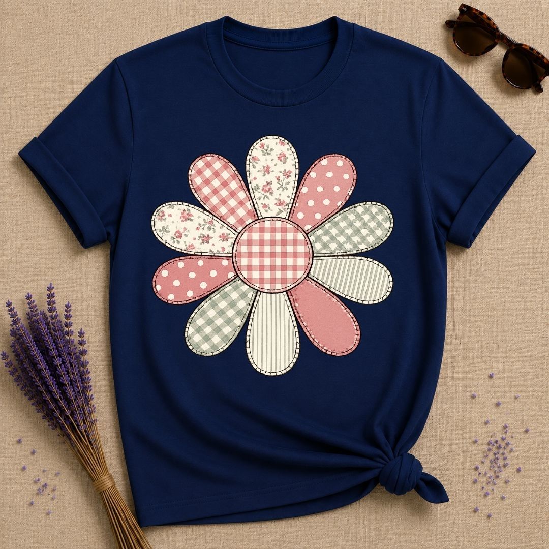 Patchwork Daisy Quilt — Cottagecore Floral Graphic T-Shirt for Women in Navy