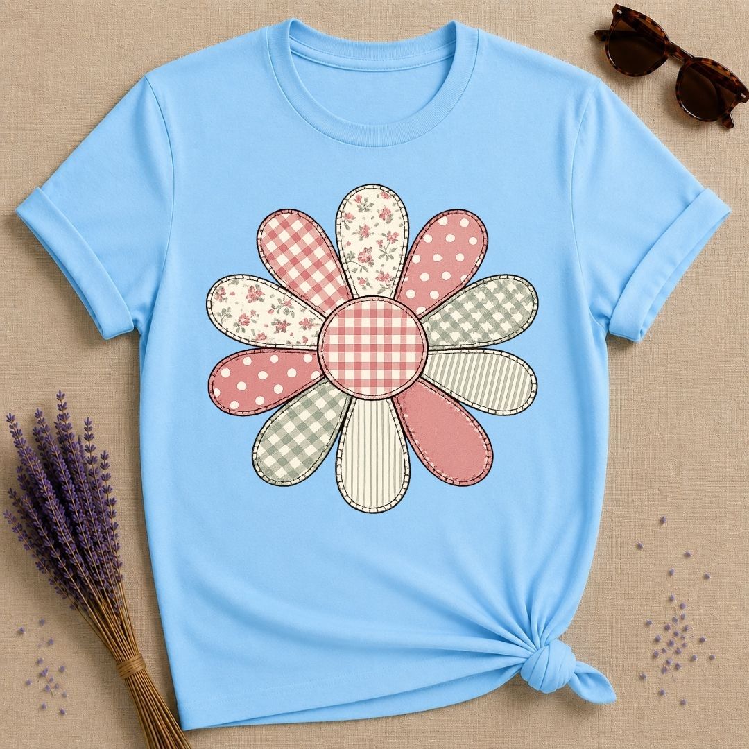 Patchwork Daisy Quilt — Cottagecore Floral Graphic T-Shirt for Women in Sky