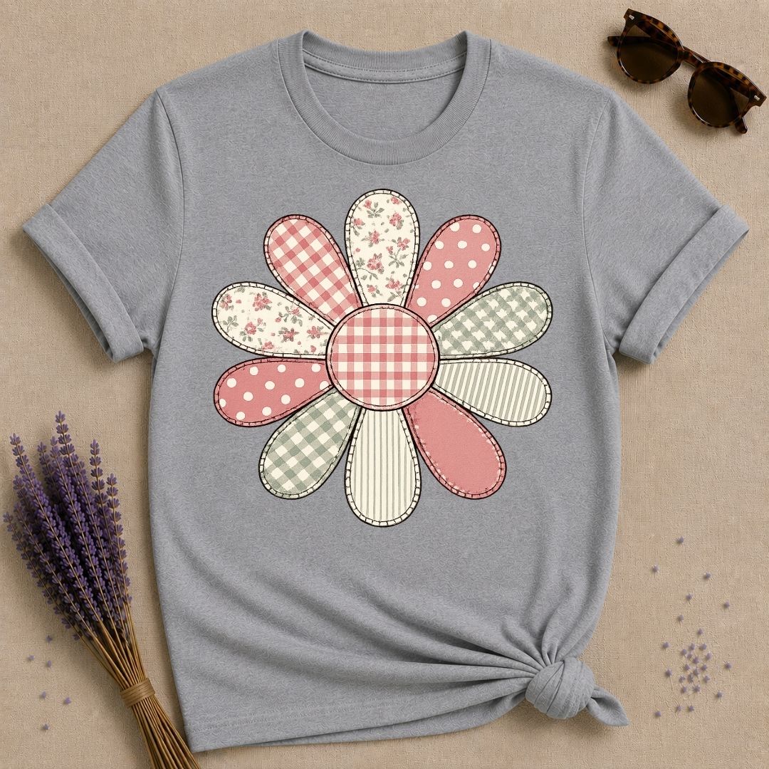 Patchwork Daisy Quilt — Cottagecore Floral Graphic T-Shirt for Women in Sport Grey