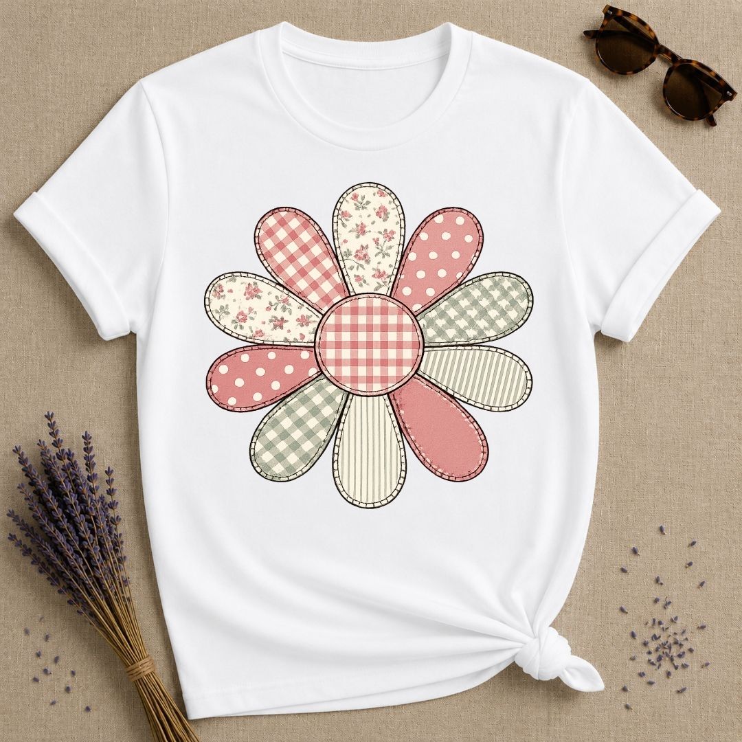 Patchwork Daisy Quilt — Cottagecore Floral Graphic T-Shirt for Women in White
